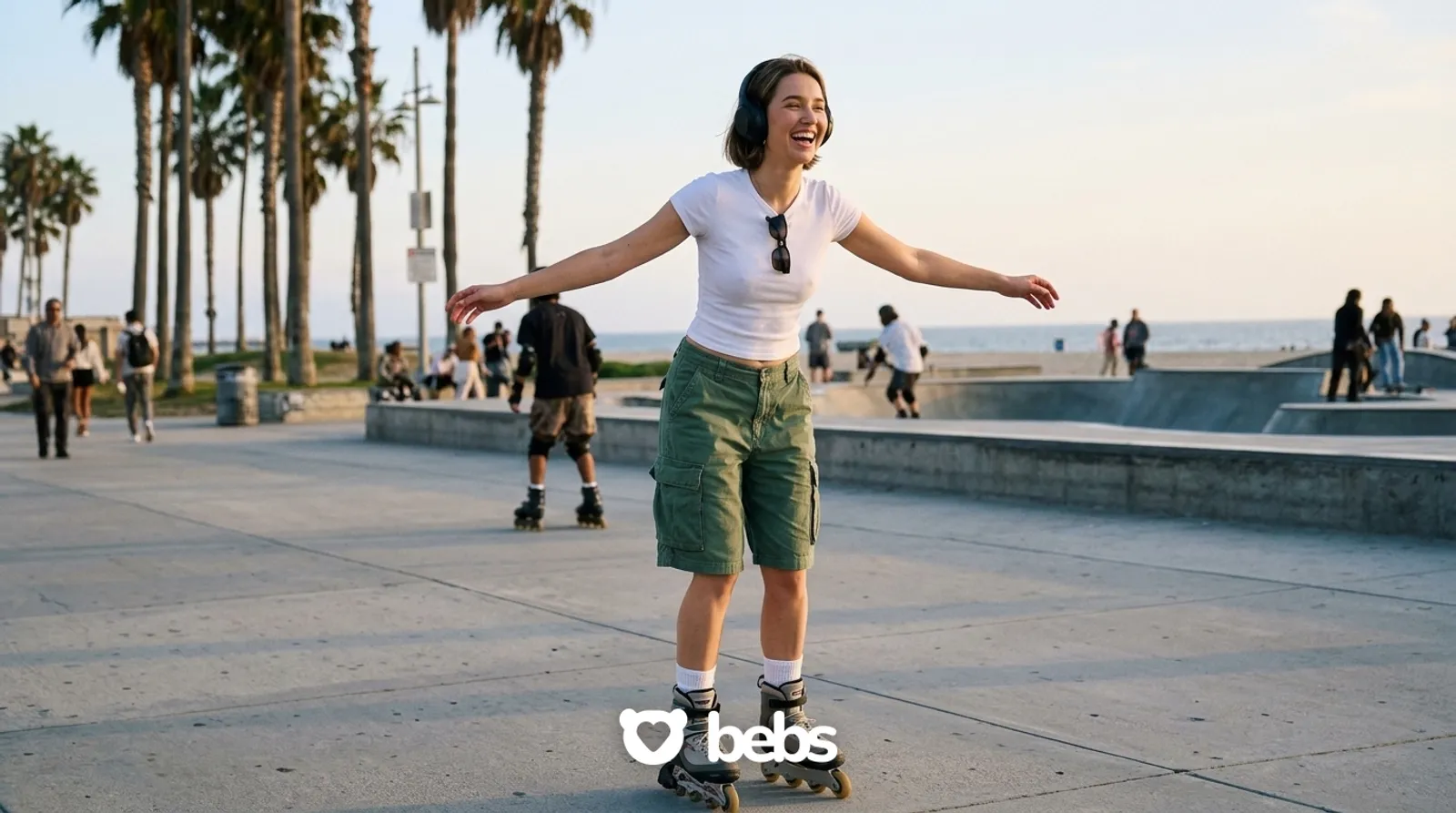 Young woman rollerblading alone on the Venice Beach boardwalk at sunset with headphones, a fun thing to do alone in LA
