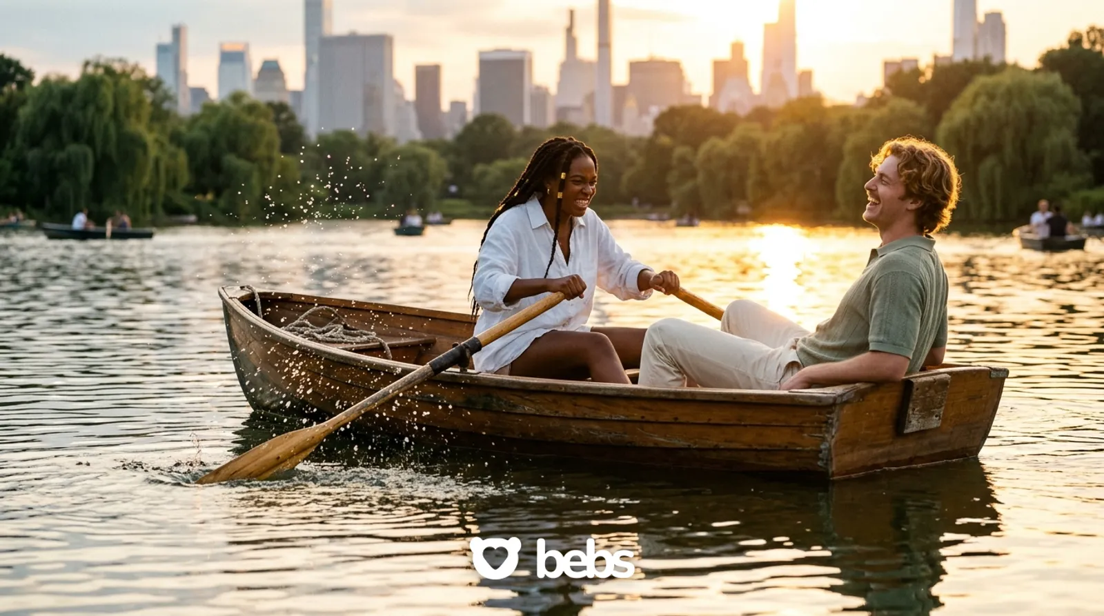 Woman rowing a boat badly while her date laughs on a park lake at golden hour, active third date ideas