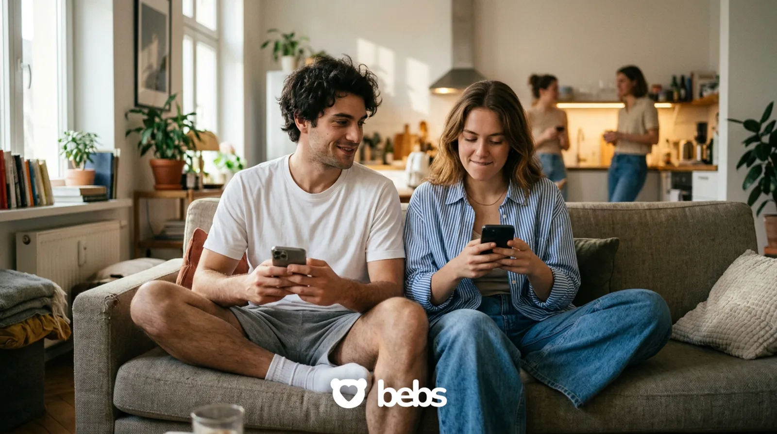 Young man secretly glancing at a smiling woman beside him on a sofa while both pretend to scroll their phones, signs someone likes you but is hiding it