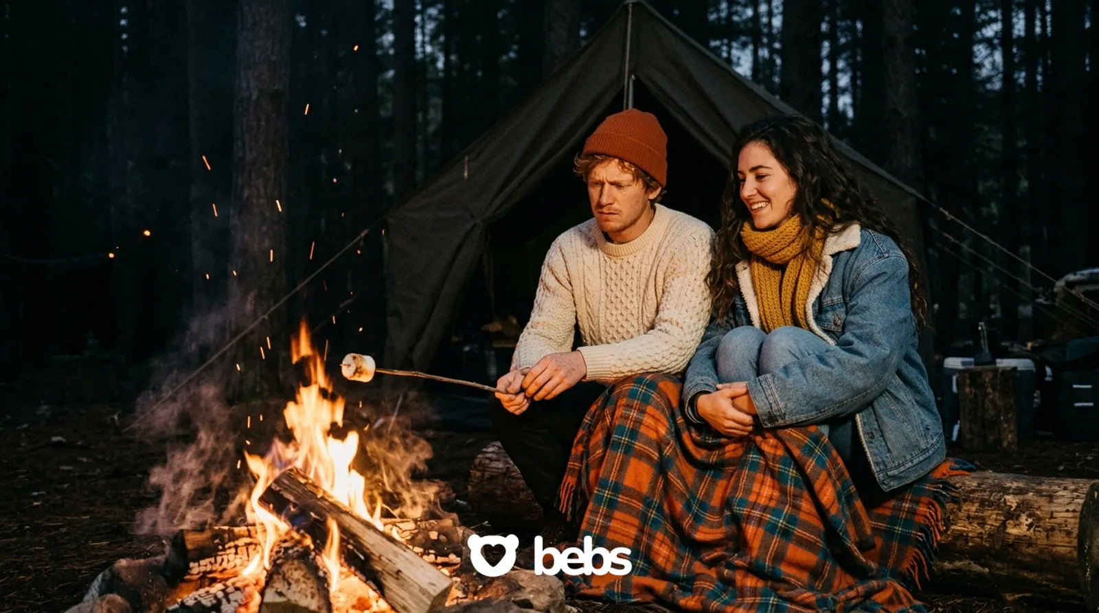 Woman smiles as her date toasts a marshmallow with intense focus by the campfire, why beige flags are actually cute
