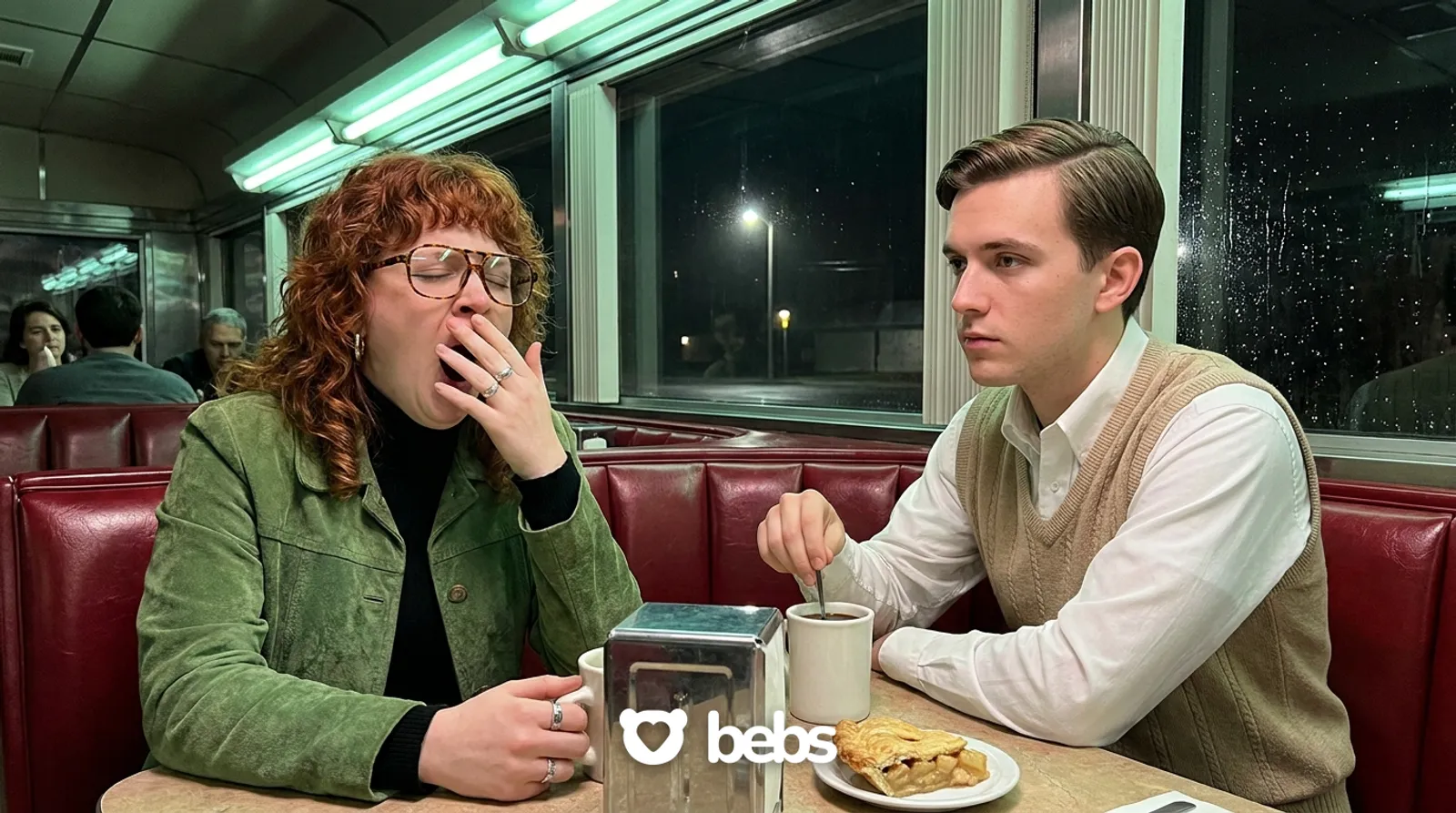 Couple yawning through a boring first date in a late-night diner, why dating app fatigue makes you burned out
