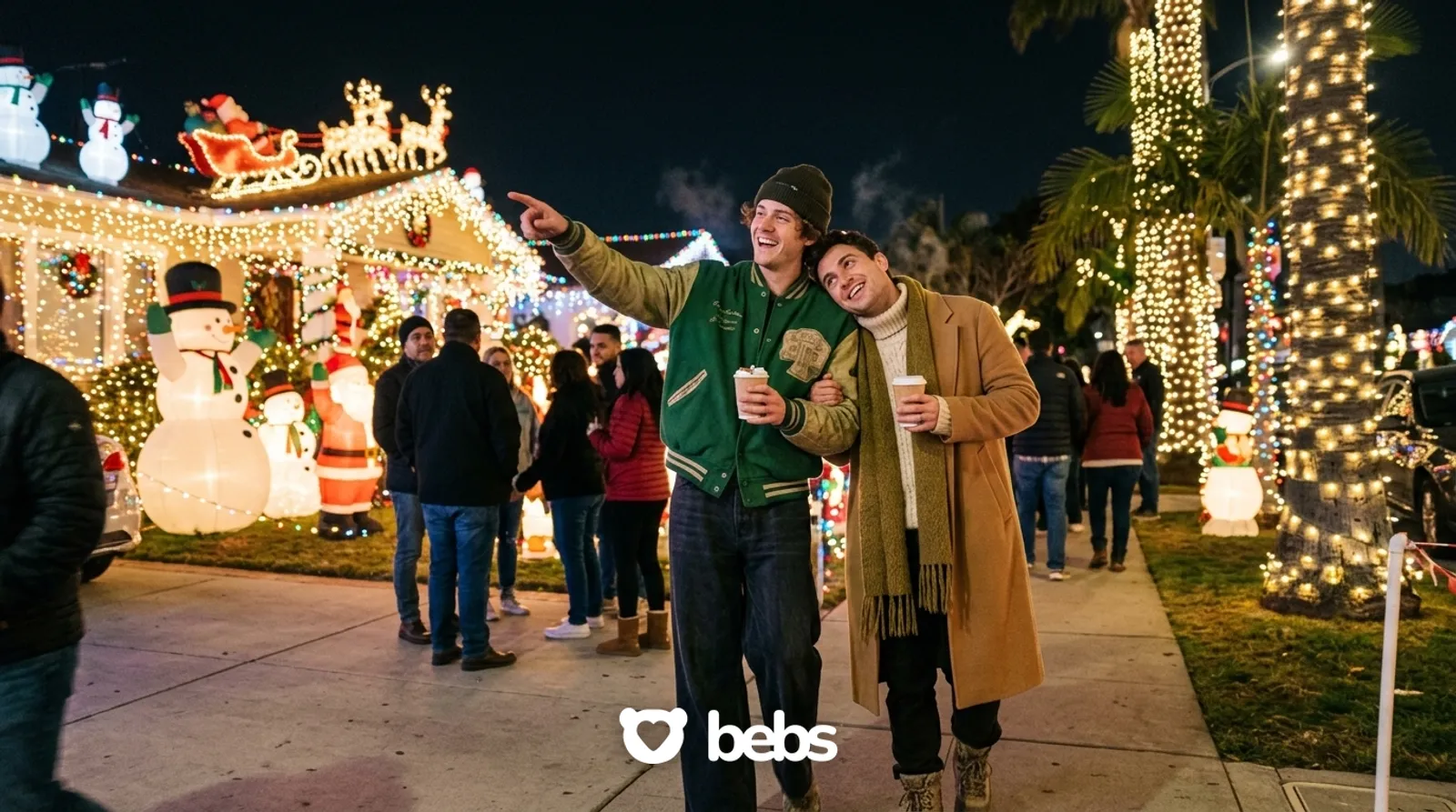 Two men laughing on a Christmas lights walk past over-the-top decorated houses and glowing palm trees, a free Christmas date idea in Los Angeles
