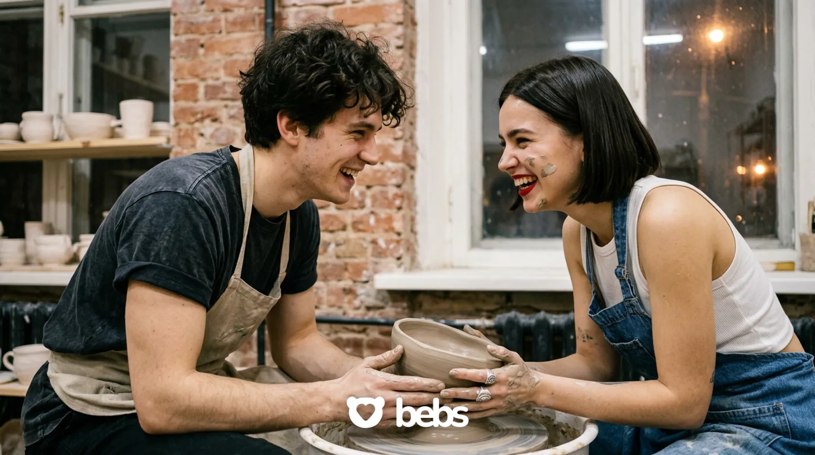 Couple laughing as a clay bowl collapses during a pottery class, beating dating app fatigue by meeting in real life