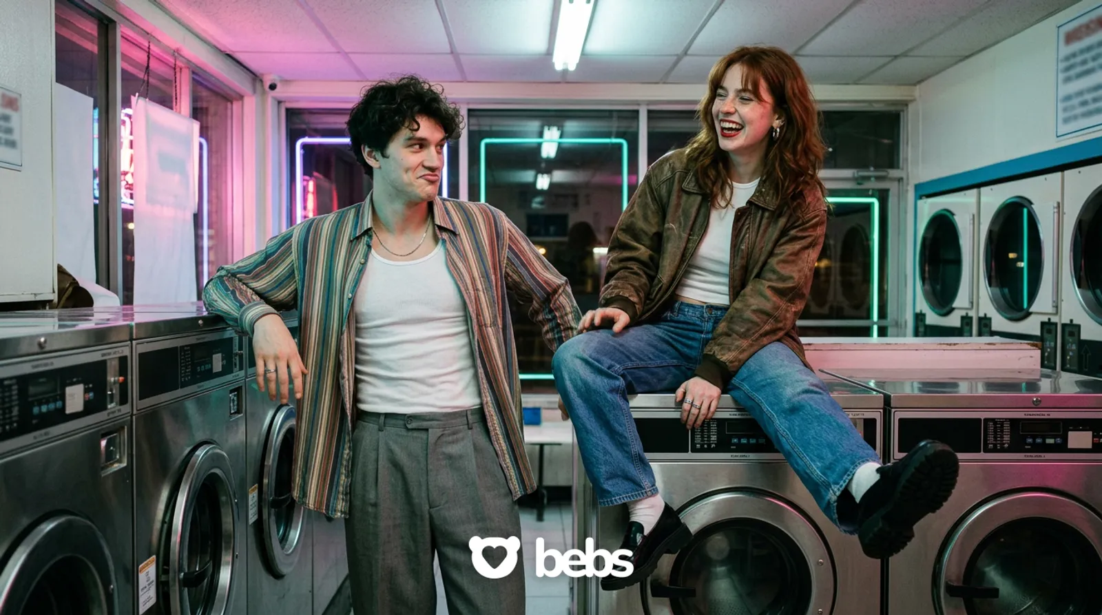 Couple laughing in a retro laundromat at night on a playful first date, how to ask someone out over text with a fun plan