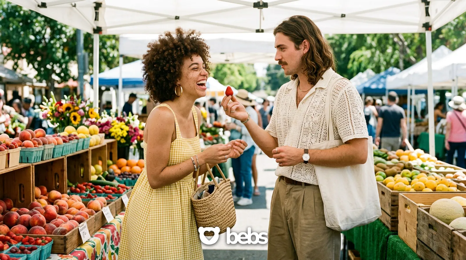 Man playfully offers a woman a strawberry at a sunny farmers market as she laughs, how to build rizz in person