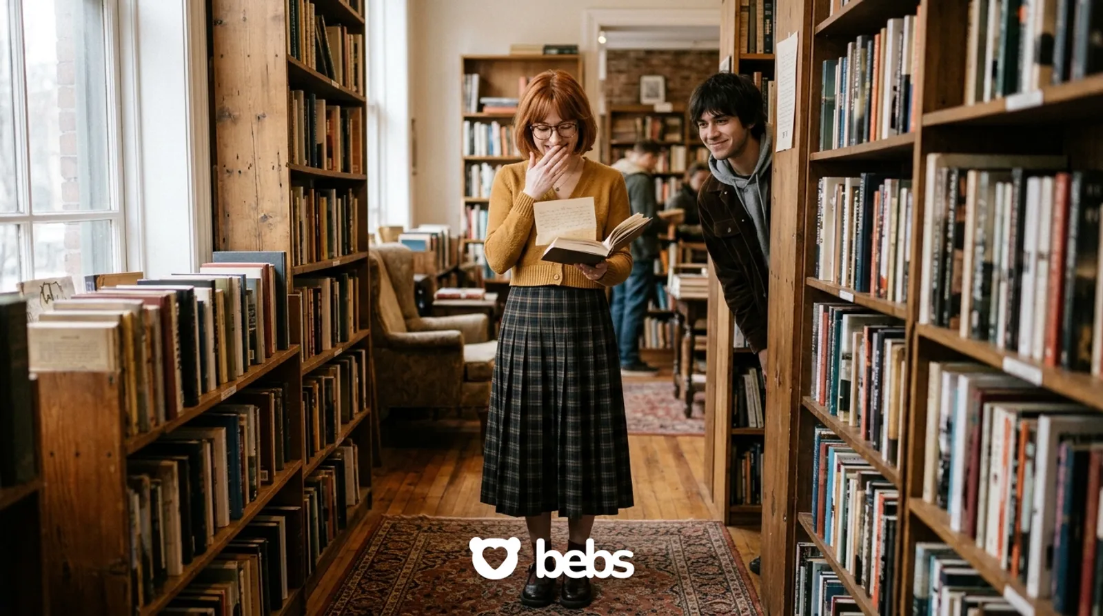 Woman smiles at a handwritten note tucked in a book while a man peeks from behind the shelf, how to have rizz over text and beyond