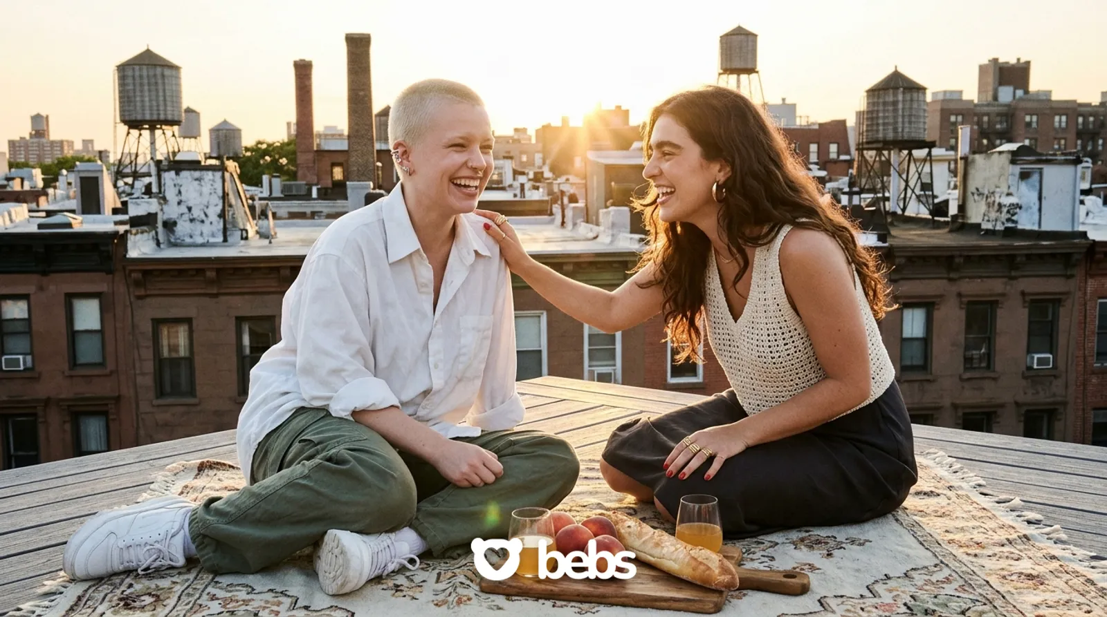 Two women laughing on a rooftop picnic at golden hour on their first date, how to ask someone out over text and plan something special