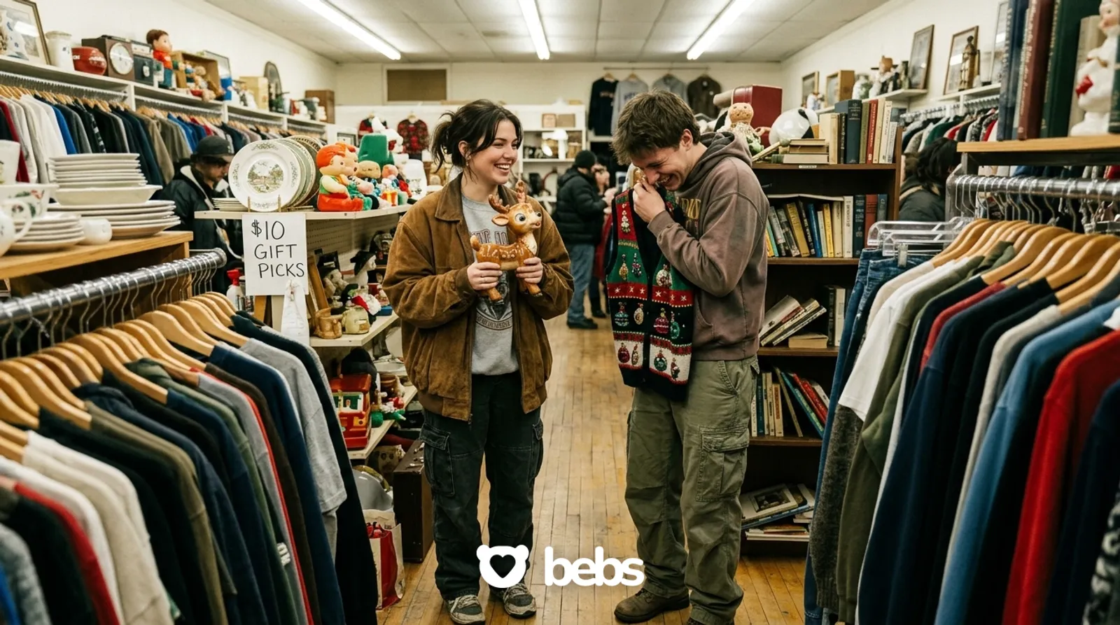 Couple laughing over an ugly reindeer figurine and a Christmas vest in a thrift store, a cheap Christmas date idea with a $10 gift exchange