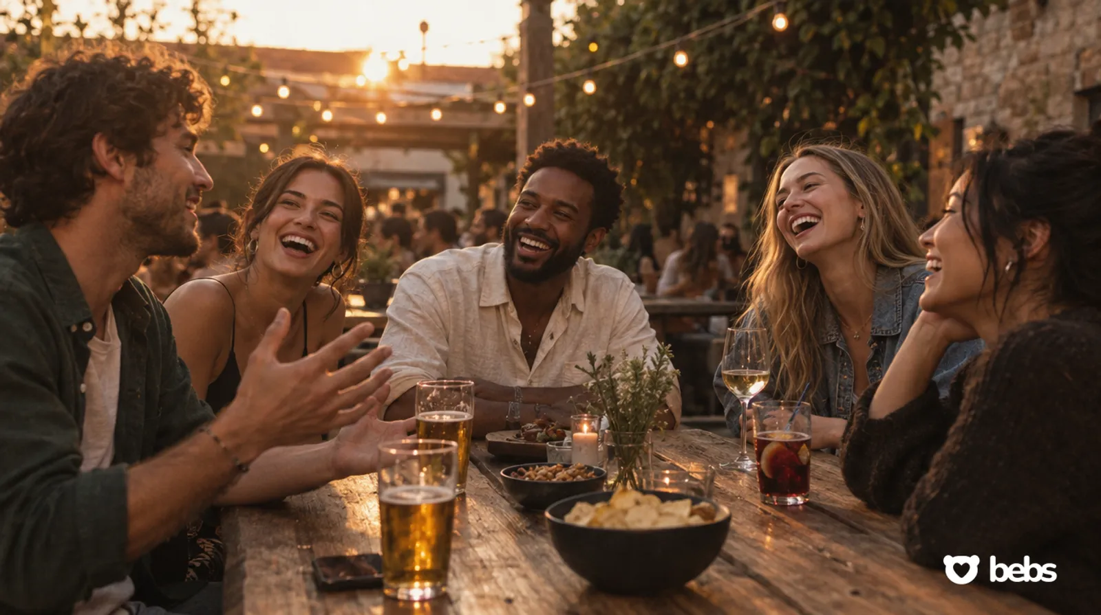 How to meet people as an adult: a group of new friends laughing together at an outdoor bar table at sunset