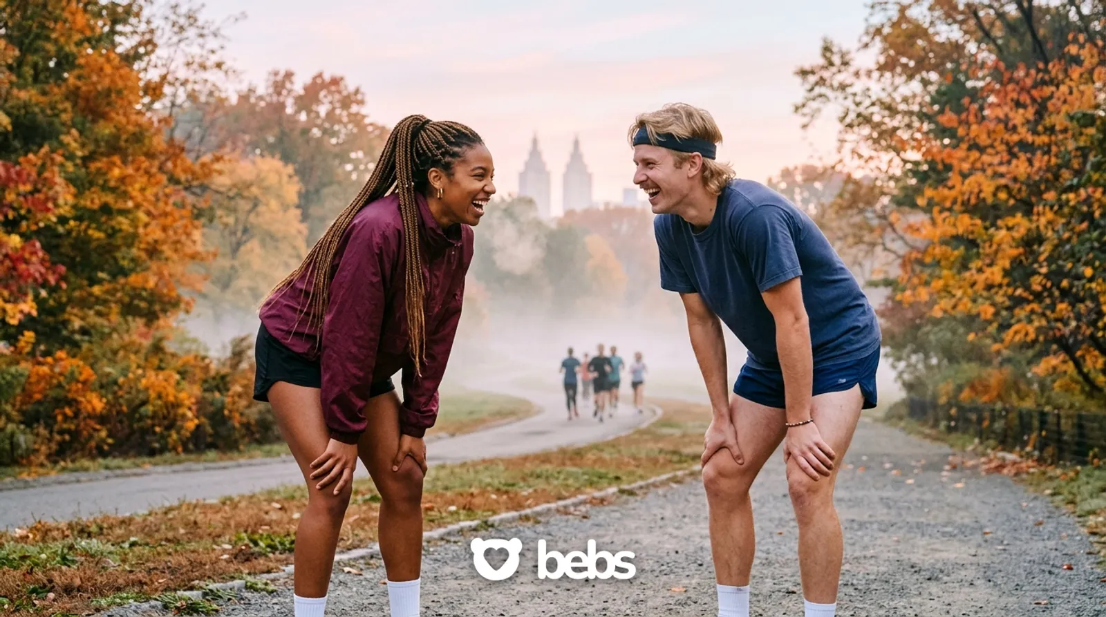 Man and woman laughing as they catch their breath after meeting at a sunrise run club, what helps with dating app fatigue