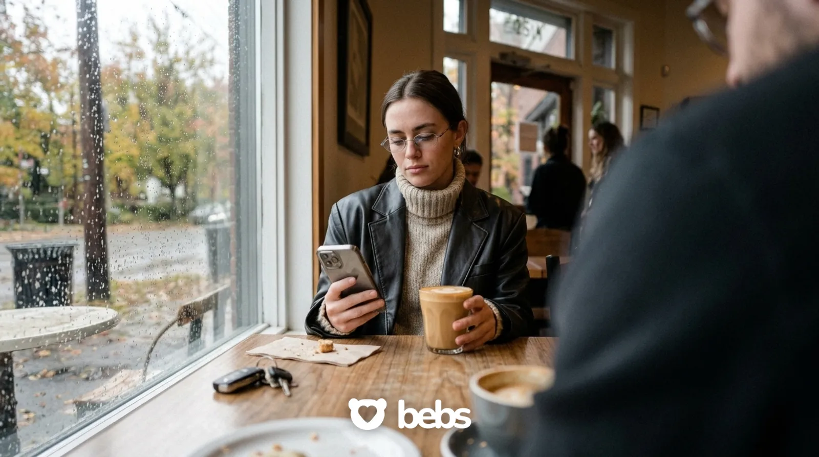 Young woman reading a text in a coffee shop on a rainy autumn day, wondering if she is being cuffed just for the season