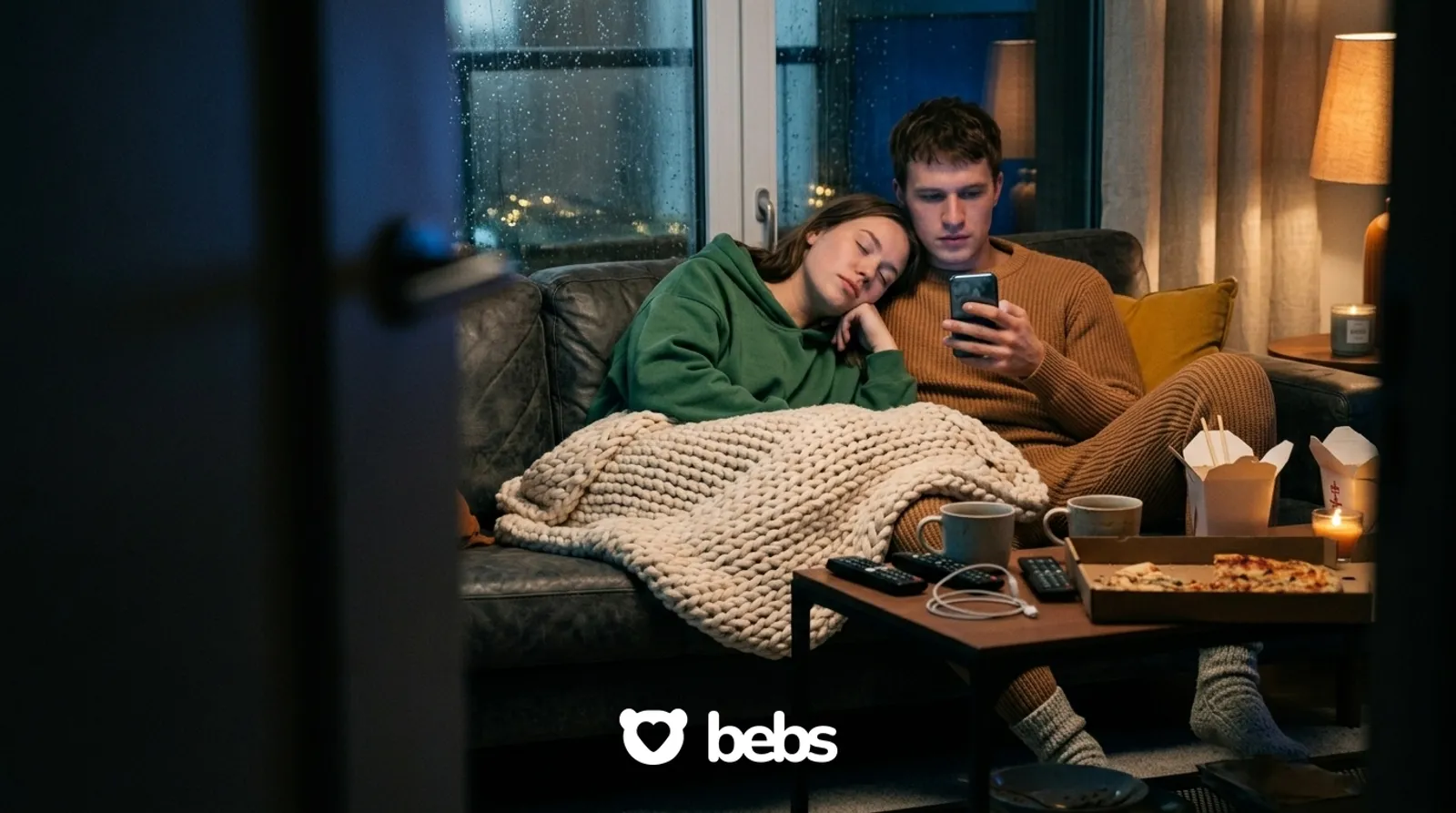 Couple cuddling under a knit blanket on the couch on a rainy night, why people look for relationships in fall and winter
