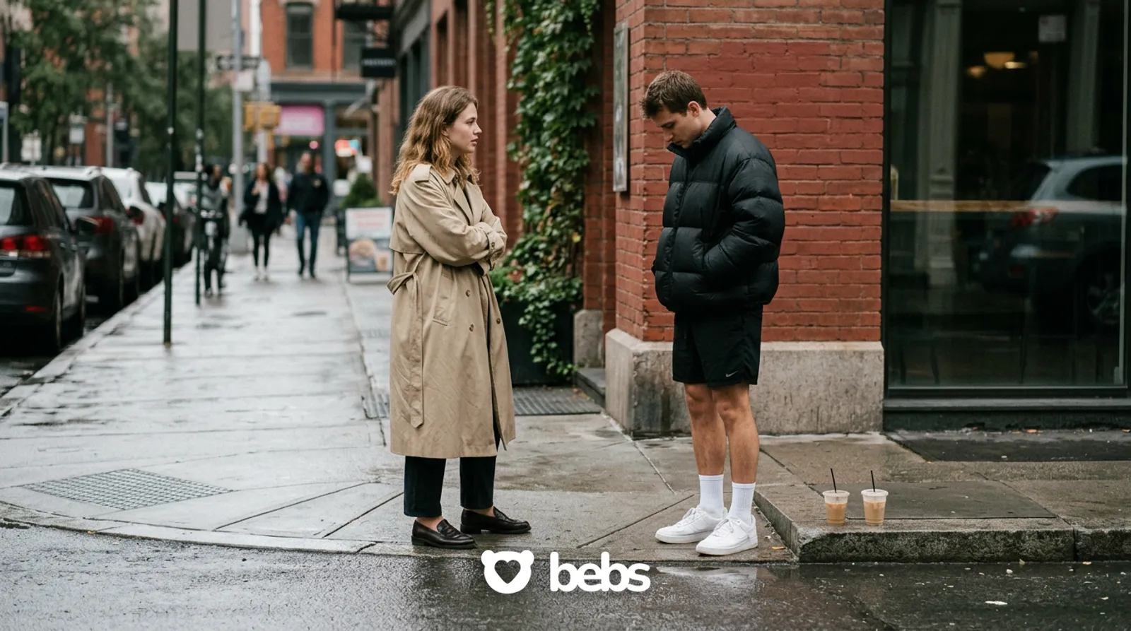 Young woman calmly talking to a man on a rainy city sidewalk as he looks down, how to end a situationship honestly