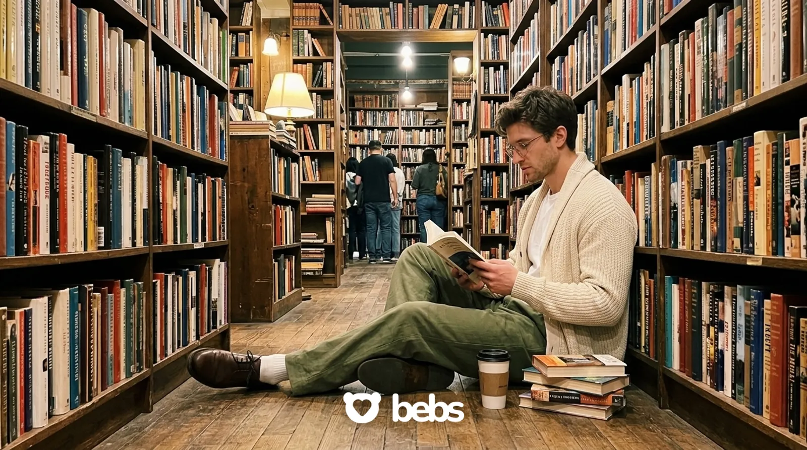 Young man reading alone on the floor of a downtown LA bookstore, a relaxing solo activity in Los Angeles