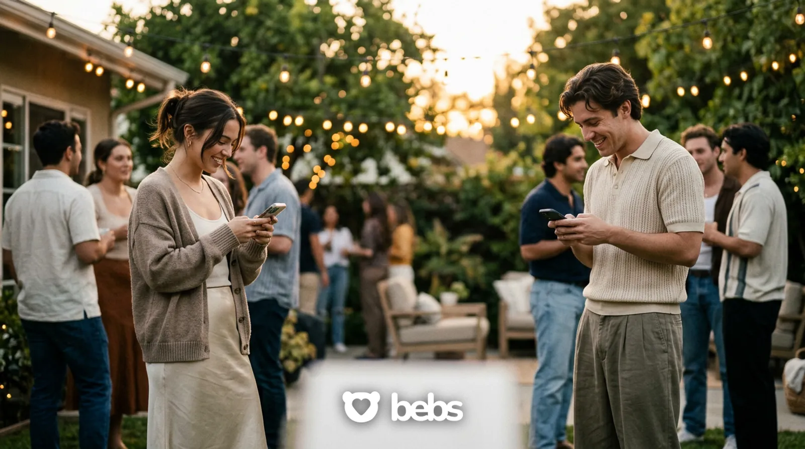 Young man and woman smiling at their phones from opposite sides of a backyard party, texting each other, a sign of unspoken attraction over text