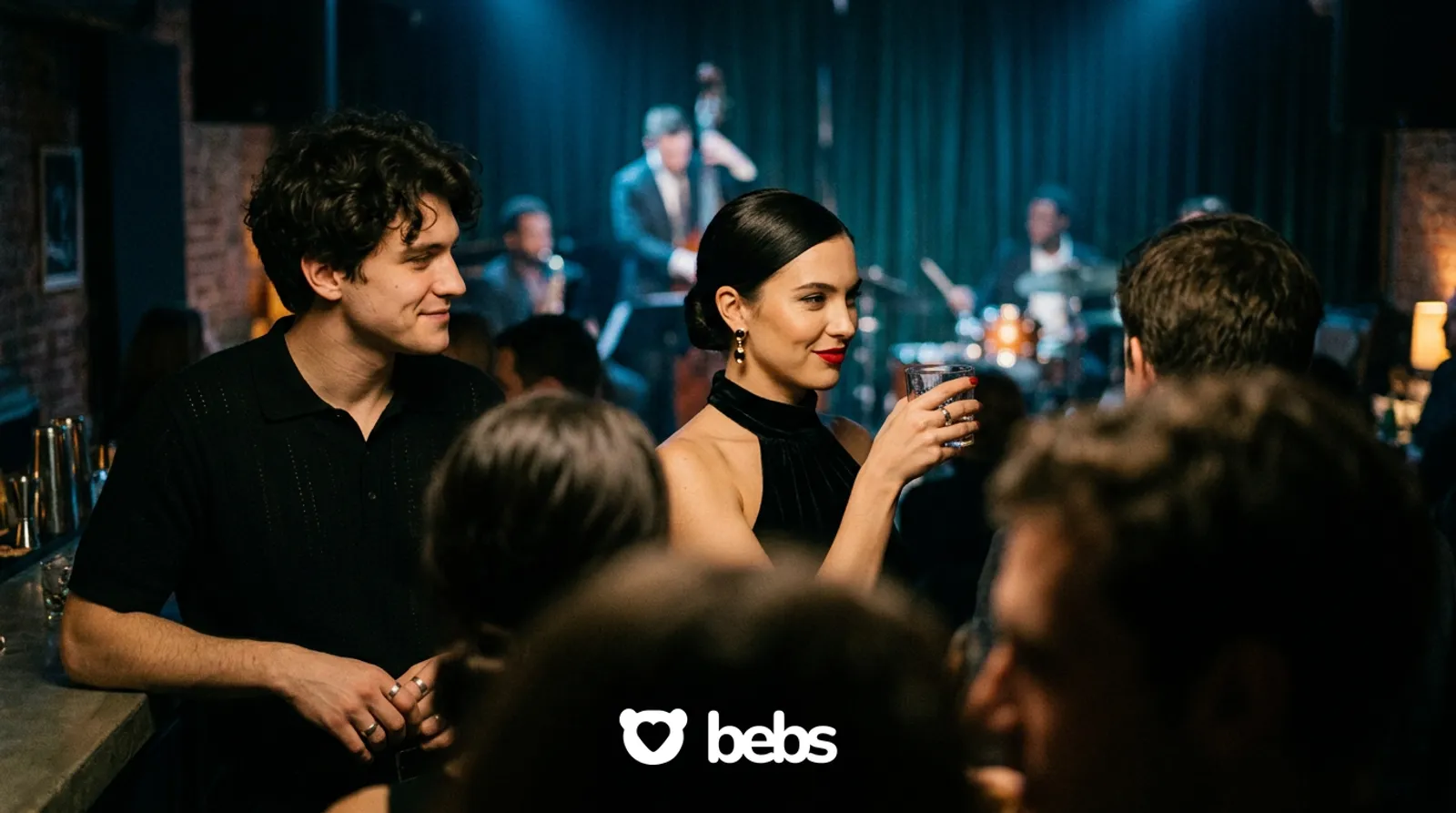 Man and woman lock eyes and smile across a crowded jazz bar, unspoken rizz explained