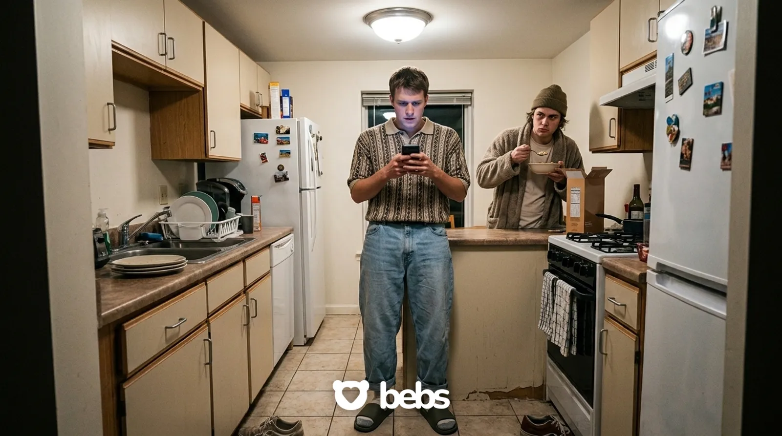Young man frozen in the kitchen staring at his phone waiting for a text back after a first date while his roommate eats cereal