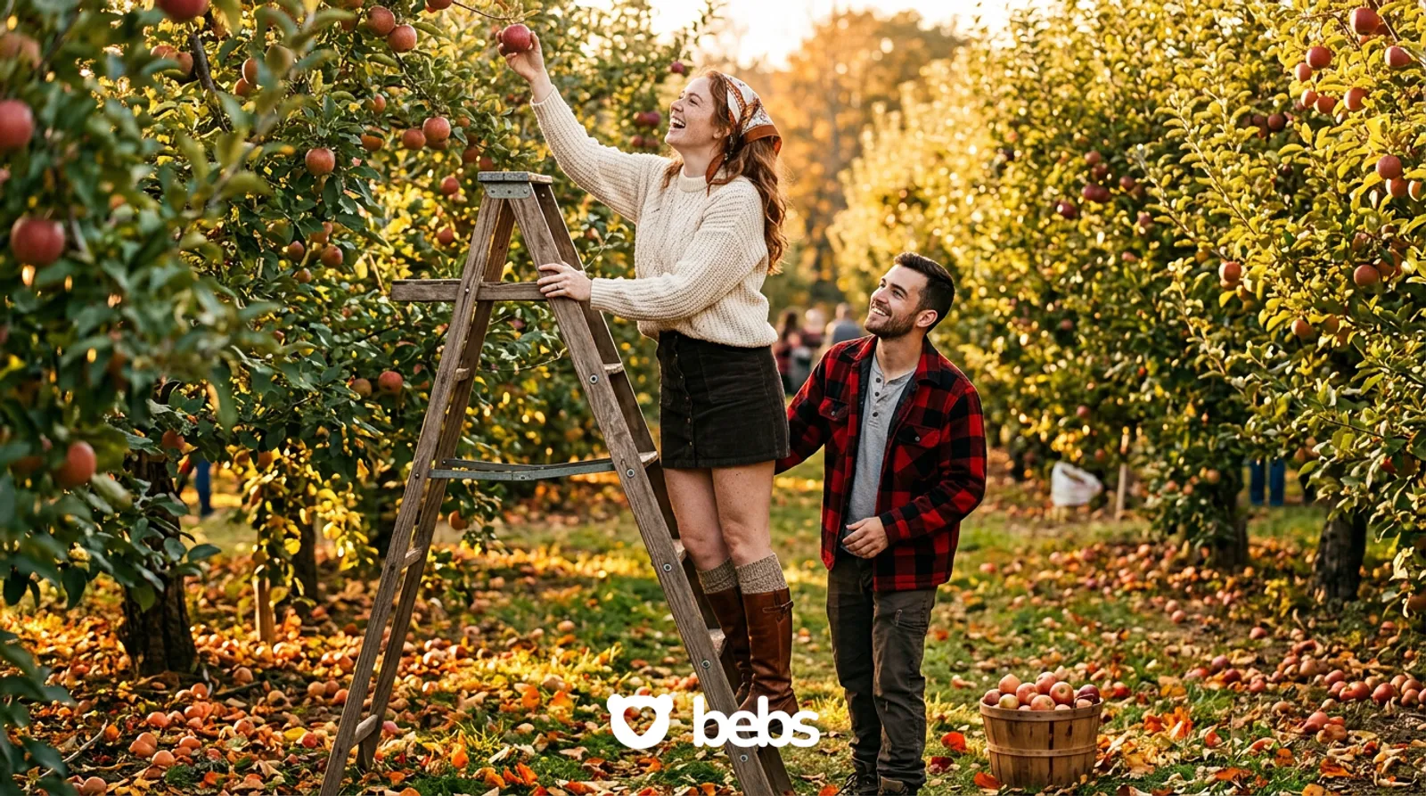 Man smiles up at a woman picking apples from a ladder in an autumn orchard, how to tell if someone likes you by their behavior